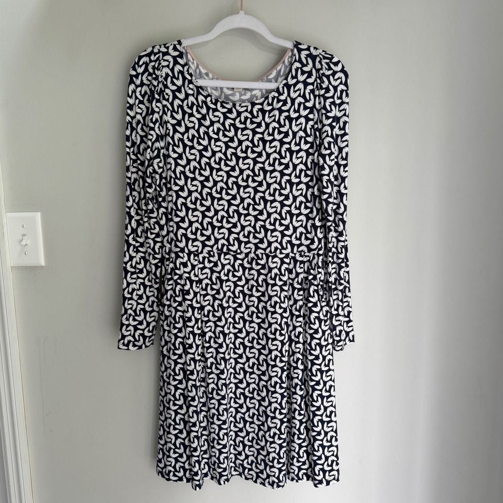 Boden Francesca Jersey Knit Dress Blue White Fit Flare Pockets Long Sleeve 10P